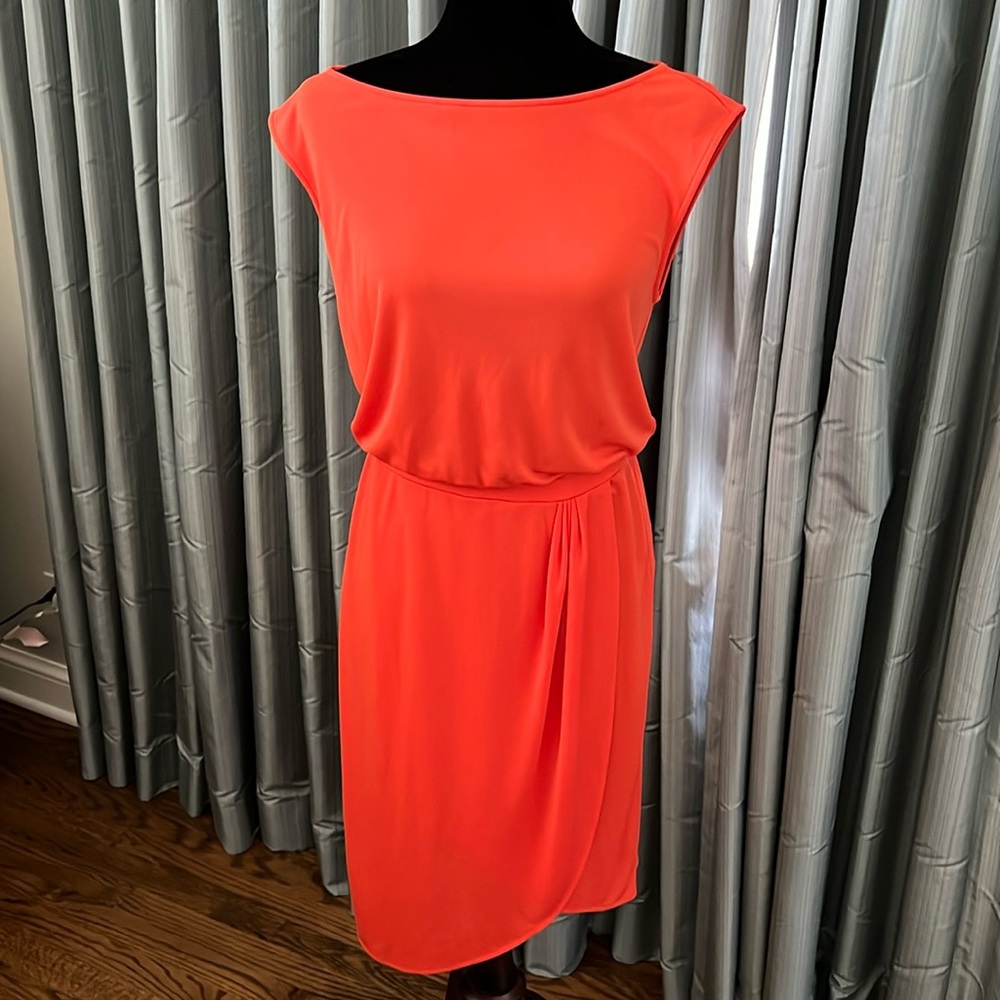 Beautiful orangey – red sleeveless summer dress with cross draping